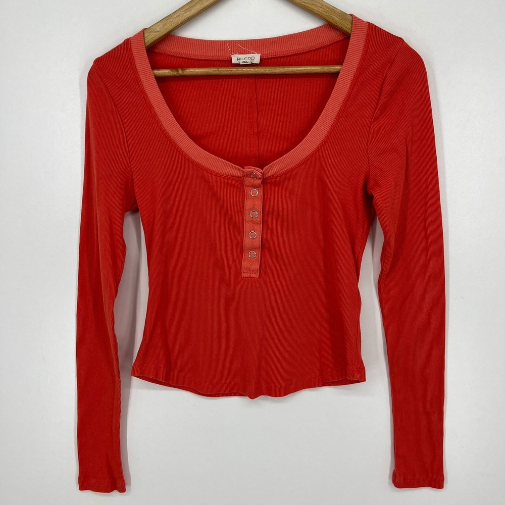 Pilcro Red Ribbed Long‎ Sleeve Henley Scoop Neck Top Womens Size S